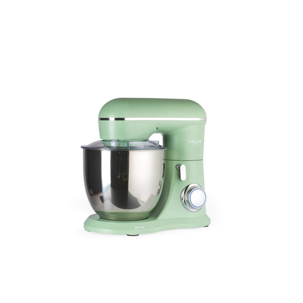 Green Salter stand mixer with stainless steel mixing bowl, side view