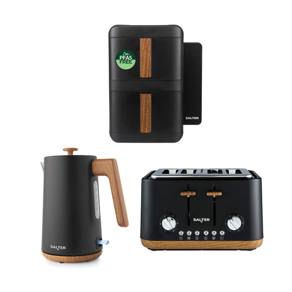 Black and wood finish kettle, toaster and bread bin set, modern kitchen appliances