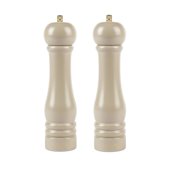 Pair of beige wooden mills for salt and pepper, classic style, shown upright.