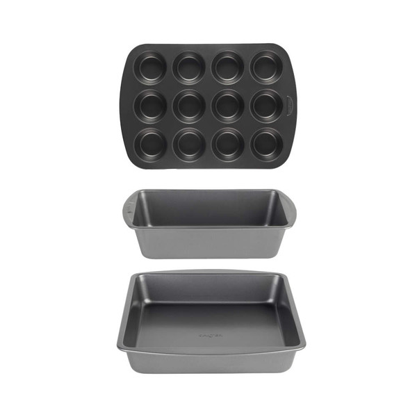 Set of three non-stick baking tins: muffin tray, loaf tin, and square cake tin.