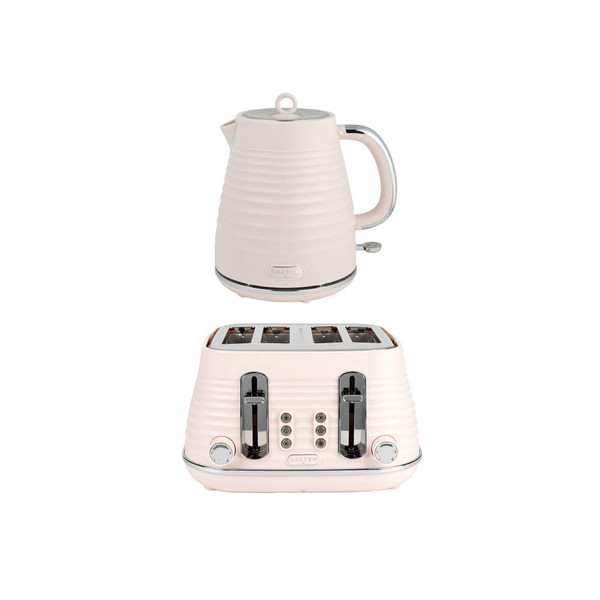 Cream kettle and 4-slice toaster set with ribbed design, shown front view.