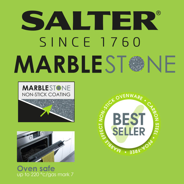 Promotional graphic for Salter MarbleStone non-stick ovenware, oven safe up to 220°C.