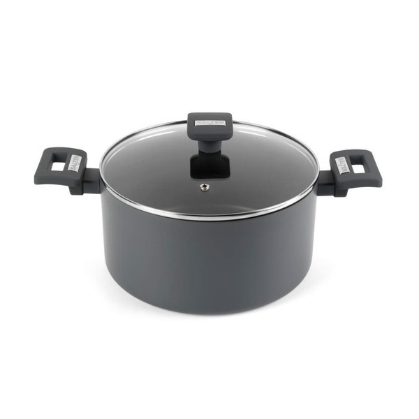 Grey non-stick stock pot with glass lid and Salter branded handles