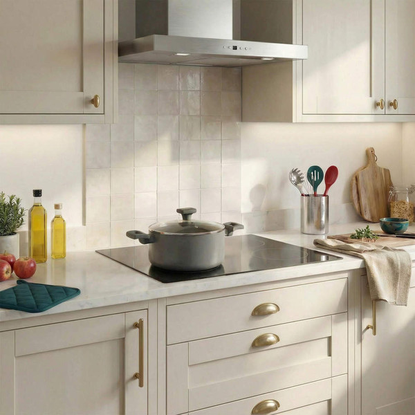 Kitchen scene with cream cabinets, induction hob and grey lidded pot on worktop.