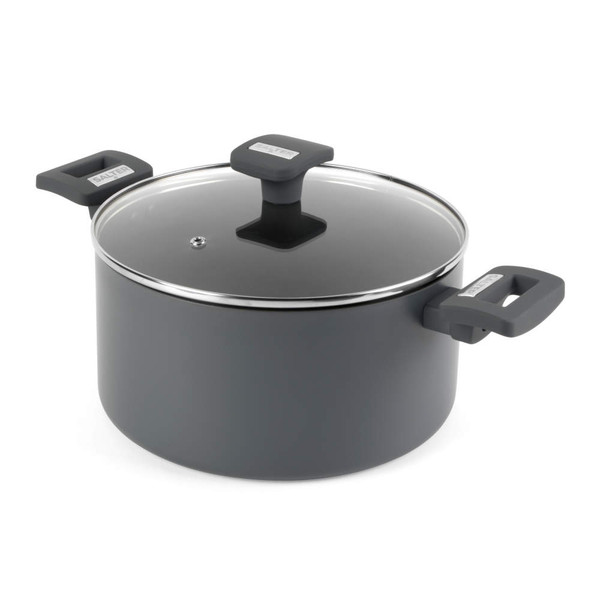 Grey non-stick stock pot with glass lid and Salter-branded handles