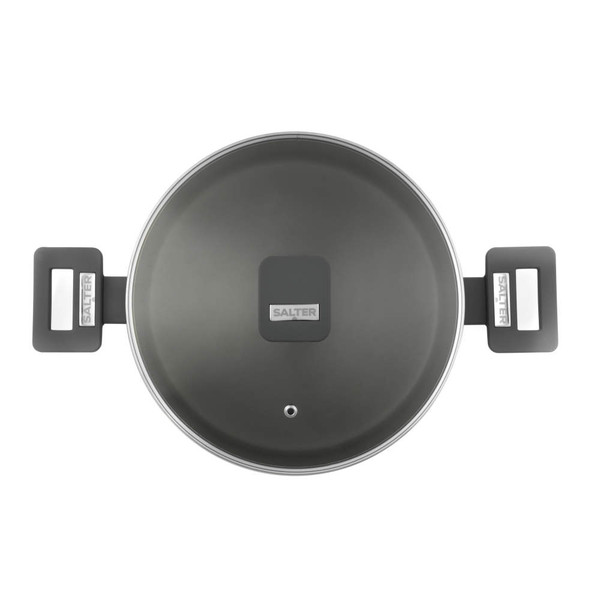 Grey non-stick casserole pot with lid, top view, Salter branded handles