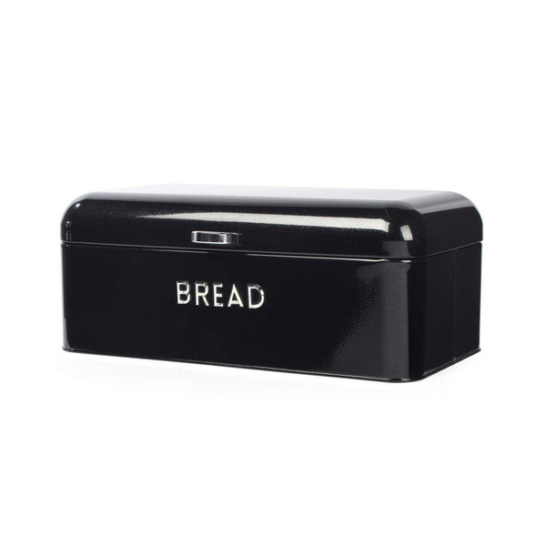 Black metal bread bin with silver 'BREAD' lettering, shown with closed lid