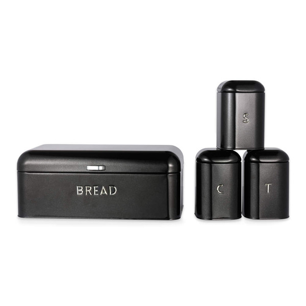 Black metal bread bin with matching tea, coffee, and sugar canisters.