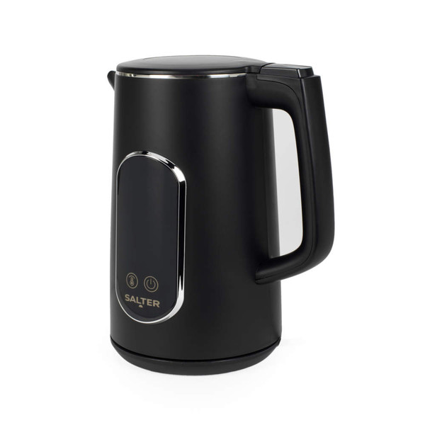 Black electric kettle with soft-touch finish, side view, Salter logo visible