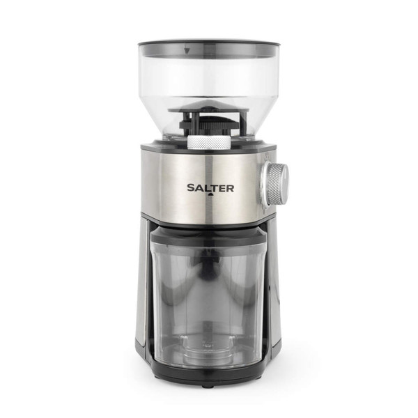 Electric coffee grinder, stainless steel, black and silver, front view