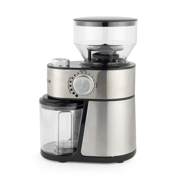 Electric coffee grinder with stainless steel finish, front view, UK plug not visible