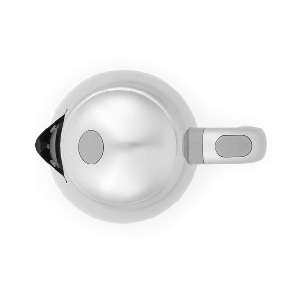 Chrome electric kettle viewed from above, showing lid, handle and spout