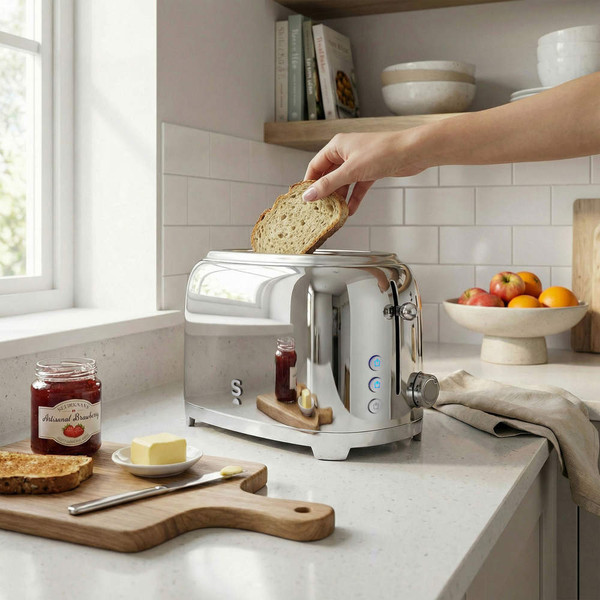 Chrome toaster on kitchen counter with bagels being toasted, suitable for product listing