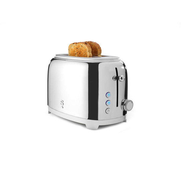 Chrome two-slice toaster with blue-lit buttons and seeded bread toasting