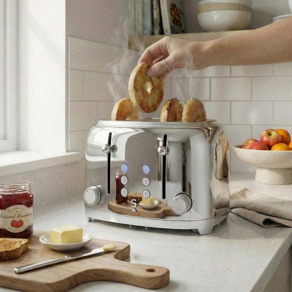 Chrome 4-slot toaster with bagels popping up, kitchen setting