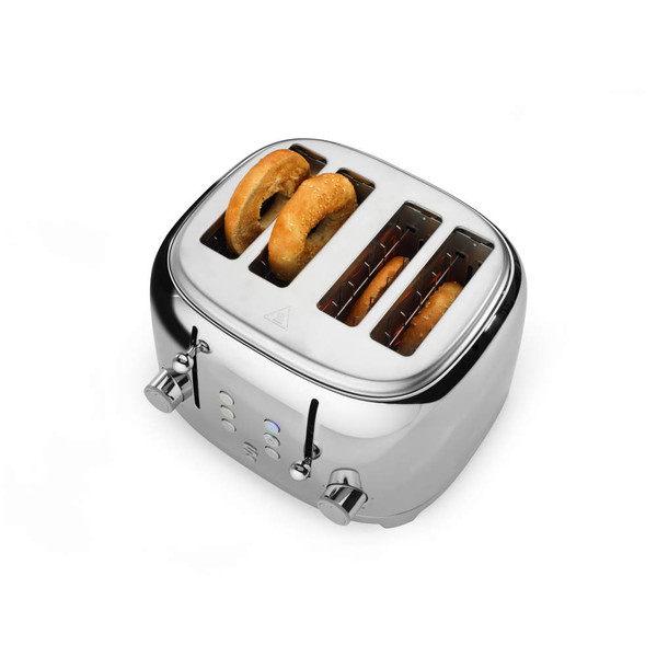Chrome four-slice toaster with bagels being toasted, shown on white background