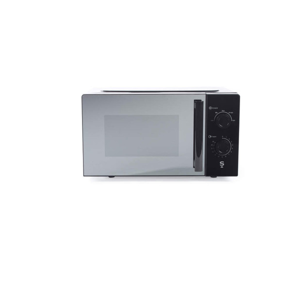 Black compact microwave oven with manual dials, shown from the front.