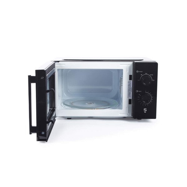 Black microwave oven with open door, showing empty interior and control dials