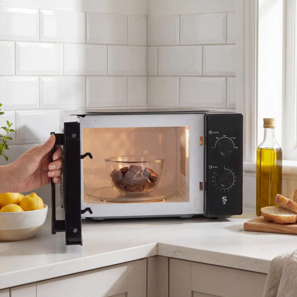 Black microwave oven with manual dials, shown from front right angle