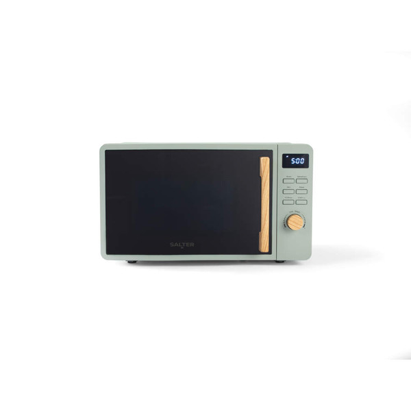 Sage green Salter microwave with wood-effect handle, digital display and control panel, front view