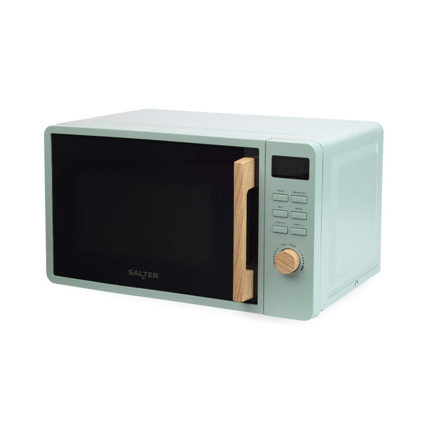 Sage green Salter microwave with wood-effect handle, front view