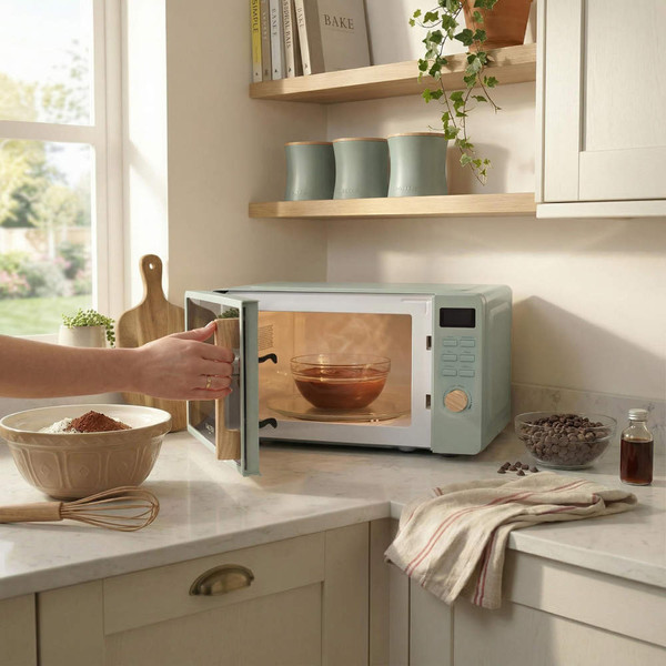 Sage green microwave on kitchen counter with bowl inside, door being opened
