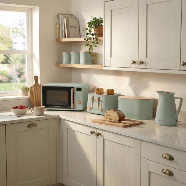 Sage green kitchen appliances set: microwave, toaster, bread bin, kettle on counter