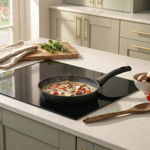 Black non-stick frying pan with mixed vegetables cooking on induction hob