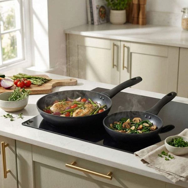 Set of black frying pans on hob, cooking vegetables and chicken in kitchen setting