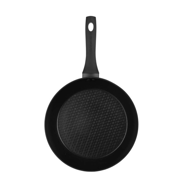 Black non-stick frying pan with textured interior, shown from above