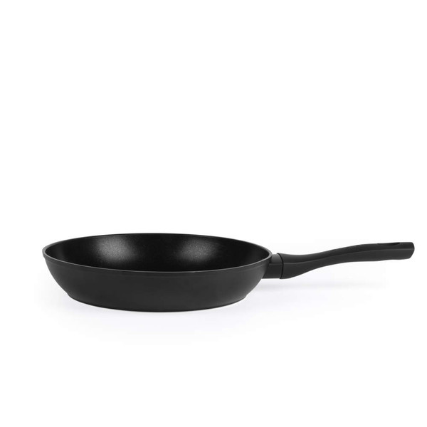 Black non-stick frying pan with ergonomic handle, shown from side view