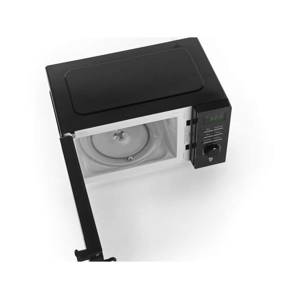 Black microwave with digital timer, shown from above with door open