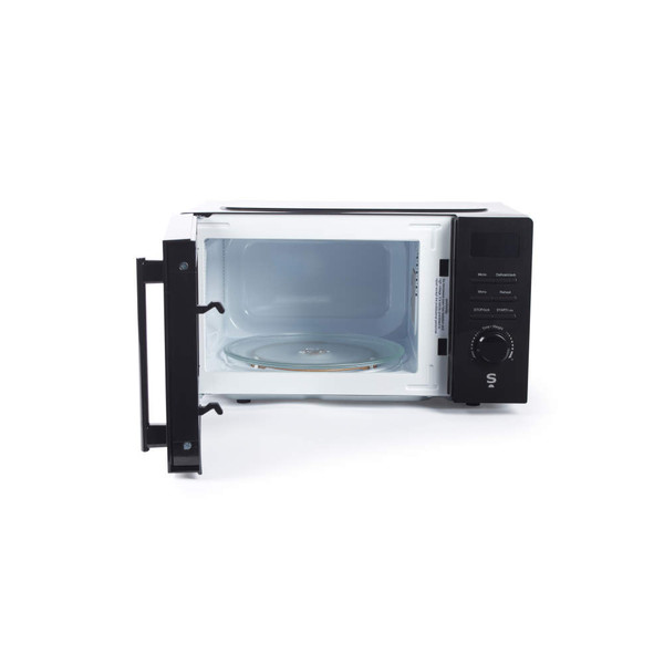 Black countertop microwave with open door, showing interior and glass turntable