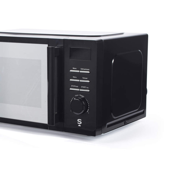 Black microwave oven, side view showing control panel and door on white background