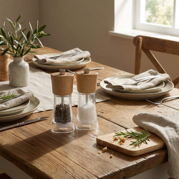 Wood and acrylic salt and pepper mills set on rustic table, dining setting