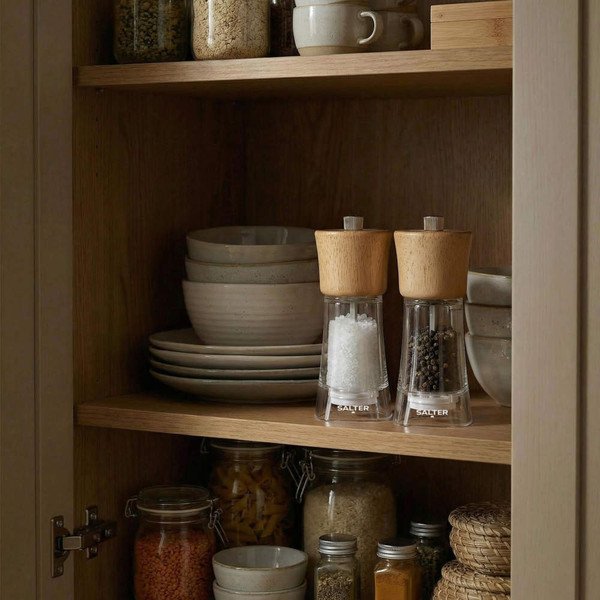 Set of salt and pepper grinders with wooden tops on a kitchen shelf