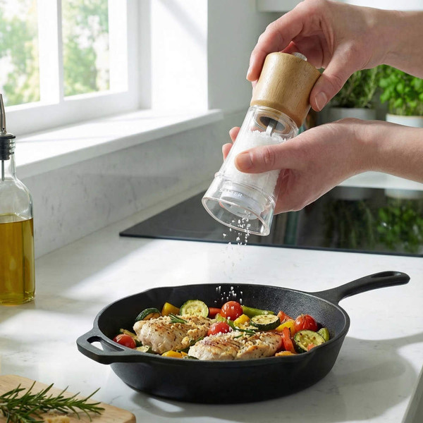 Clear salt grinder with wooden top in use, seasoning chicken and vegetables in cast iron pan