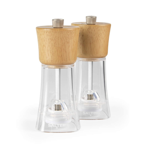 Set of two clear acrylic and wood salt and pepper mills