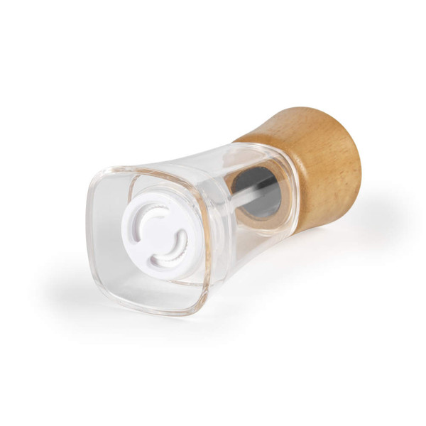 Clear and wood-effect manual grinder for salt or pepper shown on its side