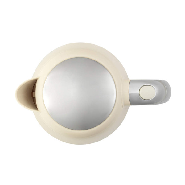Cream electric kettle viewed from above with silver lid and handle