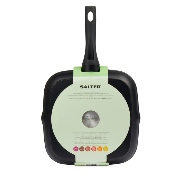 Black square grill pan with handle in Salter packaging, shown from above.