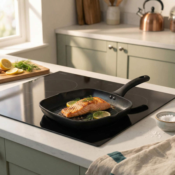 Non-stick square frying pan cooking salmon fillet with lemon and herbs on induction hob