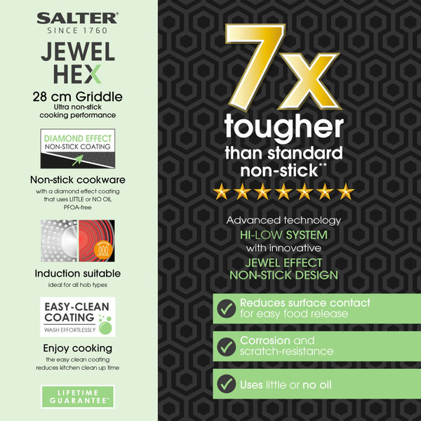 Banner: Salter Jewel Hex 28 cm griddle, ultra non-stick, 7x tougher, induction suitable.