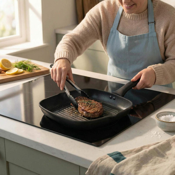 Square black grill pan cooking steak on induction hob, shown from above in kitchen setting