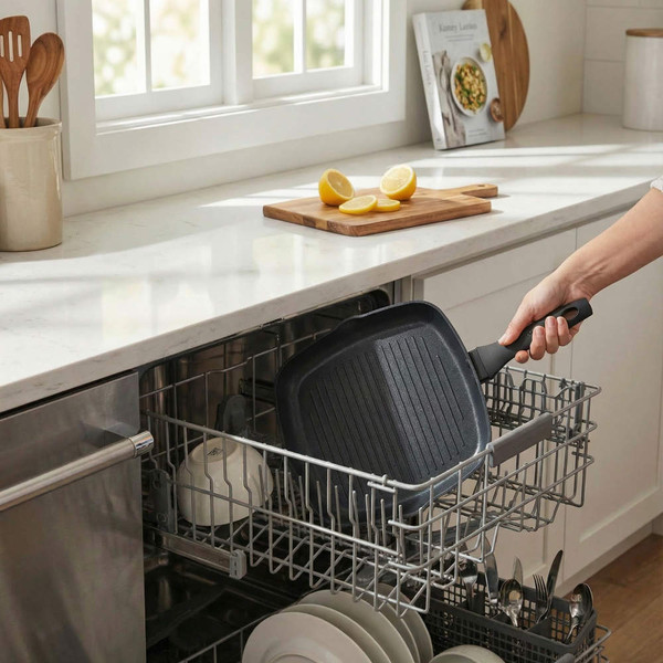 Black grill pan being placed in dishwasher, shown for easy cleaning