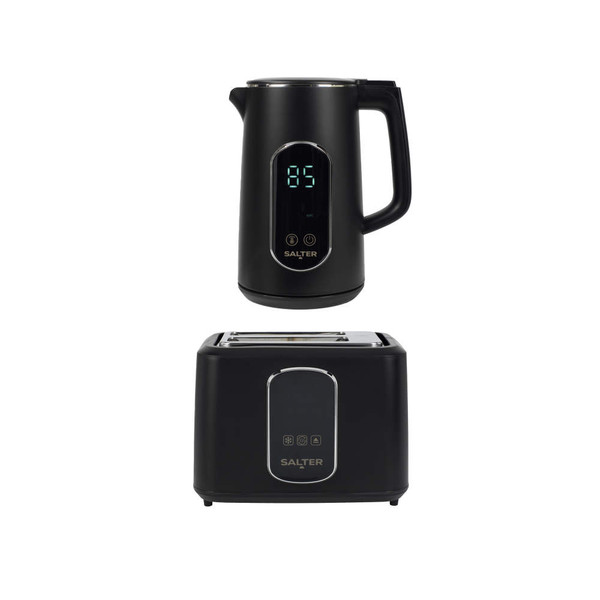 Black electric kettle and toaster set with digital display, modern style