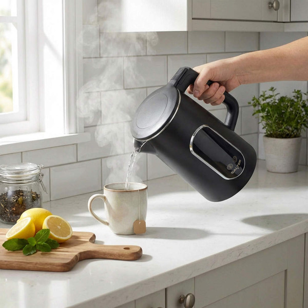 Black electric kettle pouring hot water into a mug in a modern kitchen