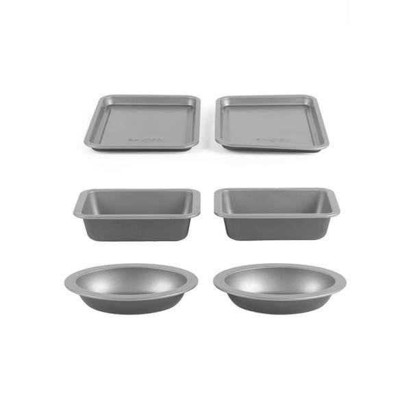 Set of six non-stick grey bakeware trays, includes two sheet pans, two loaf tins and two pie dishes
