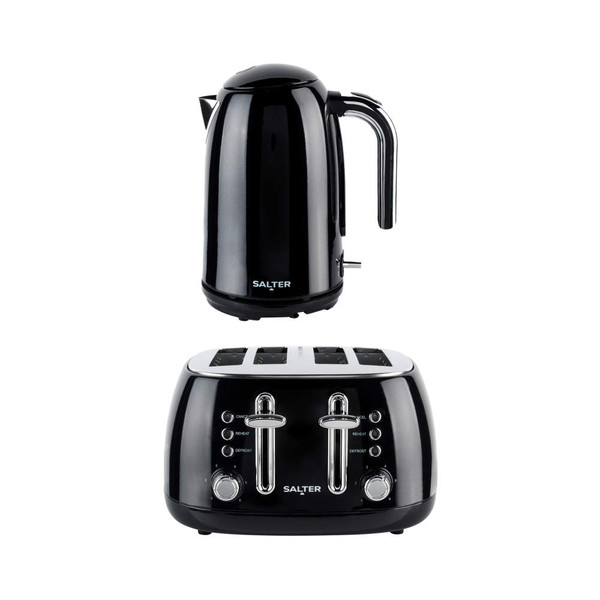Black kettle and 4-slice toaster set with chrome accents, shown on white background