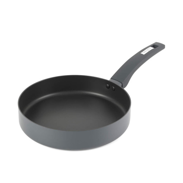 Grey non-stick saucepan with glass lid and black handle, shown at an angle